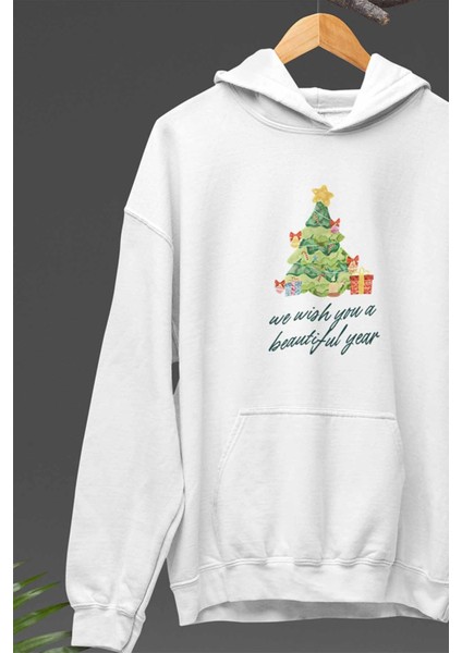 Yeni Yıl Yılbaşı Temalı We Wish You A Beautiful Year Baskılı Kapüşonlu Sweatshirt Hoodie