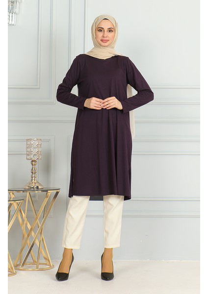 Yırtmaçlı Uzun Tunik 9141-08 Mor