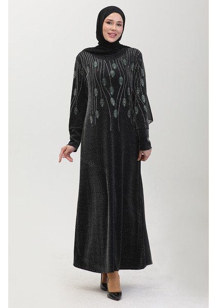 Taşlı Abiye Elbise 0430-03 Siyah Yeşil
