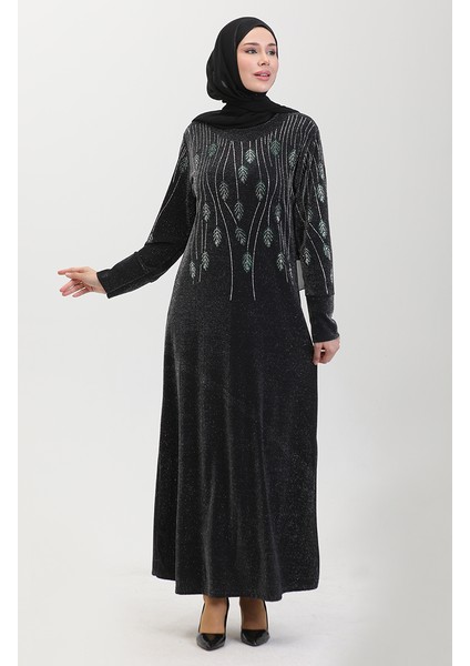 Taşlı Abiye Elbise 0430-03 Siyah Yeşil fiyatları