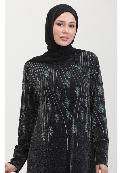 Taşlı Abiye Elbise 0430-03 Siyah Yeşil modelleri