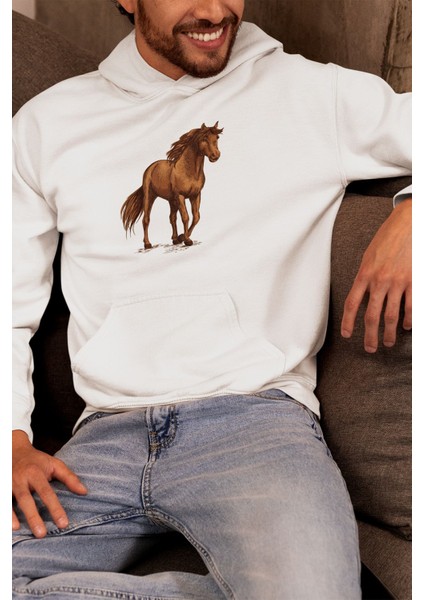 Özgür Ruhun Dansı -At- Baskılı Unisex Siyah 3 Iplik Şardonlu %100 Pamuk Kapüşonlu Sweatshirt Hoodie