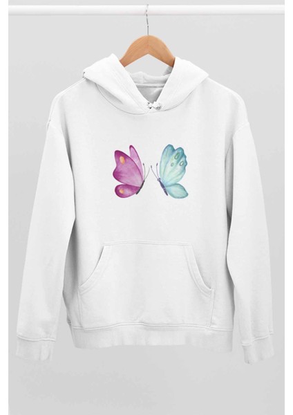 Renkli Kelebek Baskılı Unisex %100 Pamuk Kapüşonlu Sweatshirt Hoodie