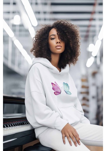 Renkli Kelebek Baskılı Unisex %100 Pamuk Kapüşonlu Sweatshirt Hoodie