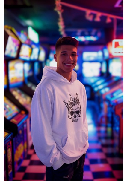 Skul Eğlenceli Baskılı Unisex Siyah 3 Iplik Şardonlu %100 Pamuk Kapüşonlu Sweatshirt Hoodie