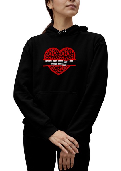 Follow Your Heart Unisex Siyah 3 Iplik Şardonlu %100 Pamuk Kapüşonlu Sweatshirt Hoodie