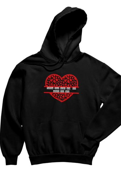 Follow Your Heart Unisex Siyah 3 Iplik Şardonlu %100 Pamuk Kapüşonlu Sweatshirt Hoodie