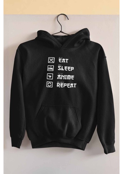 Eat Sleep Anime Repeat Baskılı Unisex %100 Pamuk Kapüşonlu Sweatshirt Hoodie