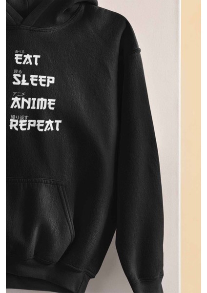 Eat Sleep Anime Repeat Baskılı Unisex %100 Pamuk Kapüşonlu Sweatshirt Hoodie