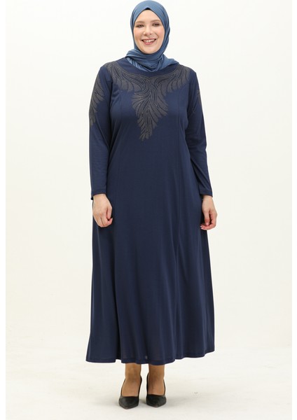 Büyük Beden Taş Baskılı Elbise 4946-10 Indigo