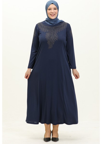 Büyük Beden Taş Baskılı Elbise 4946-10 Indigo