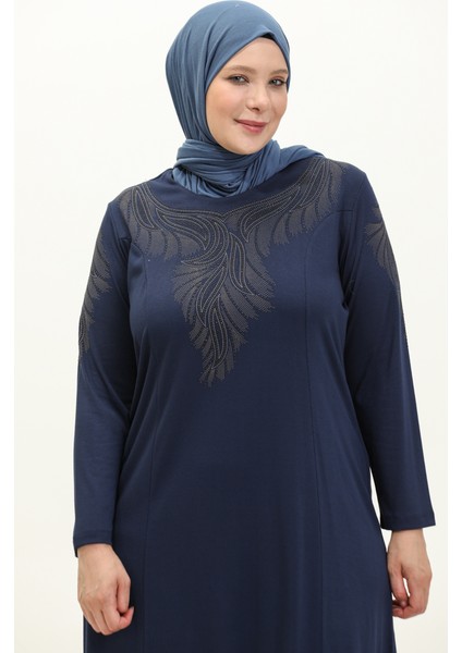 Büyük Beden Taş Baskılı Elbise 4946-10 Indigo
