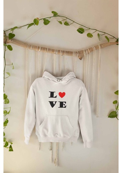 Kalpli Love Aşk Baskılı Unisex %100 Pamuk Cepli Kapüşonlu Sweatshirt Hoodie