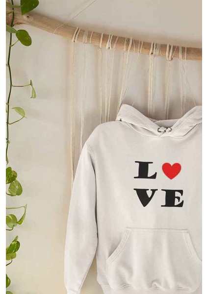 Kalpli Love Aşk Baskılı Unisex %100 Pamuk Cepli Kapüşonlu Sweatshirt Hoodie
