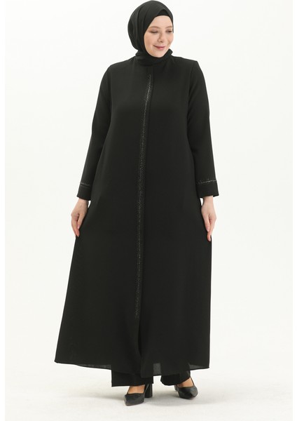 Büyük Beden Taş Baskılı Ferace 5054-03 Siyah