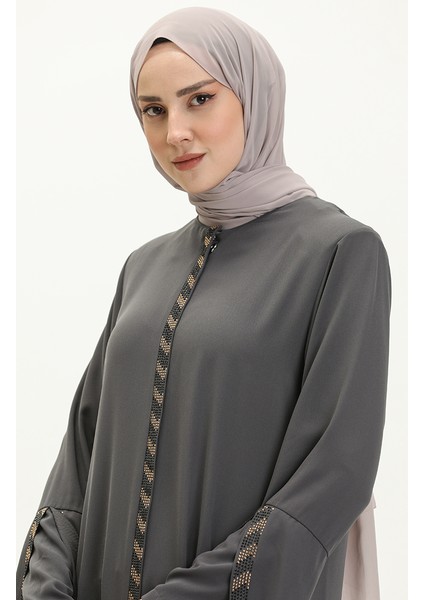 Büyük Beden Taş Şeritli Ferace 5053-06 Gri