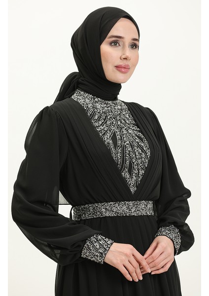 Işleme Detaylı Abiye Elbise 52863-01 Siyah