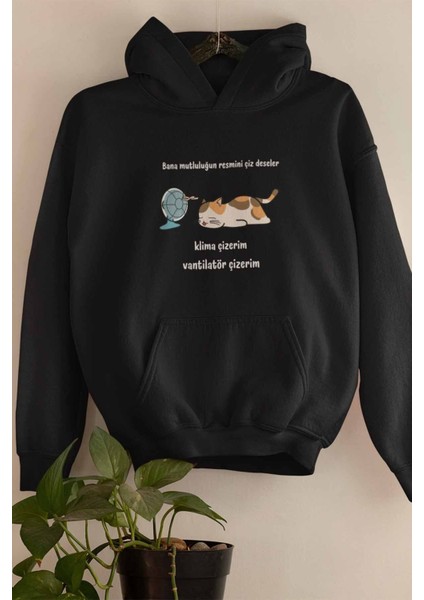 Mutluluğun Resmi-Kedi Baskılı Unisex 3 Iplik %100 Pamuklu Cepli Kapüşonlu Sweatshirt Hoodie