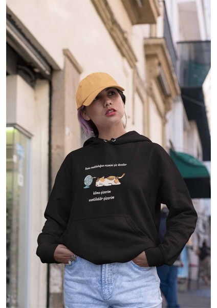 Mutluluğun Resmi-Kedi Baskılı Unisex 3 Iplik %100 Pamuklu Cepli Kapüşonlu Sweatshirt Hoodie