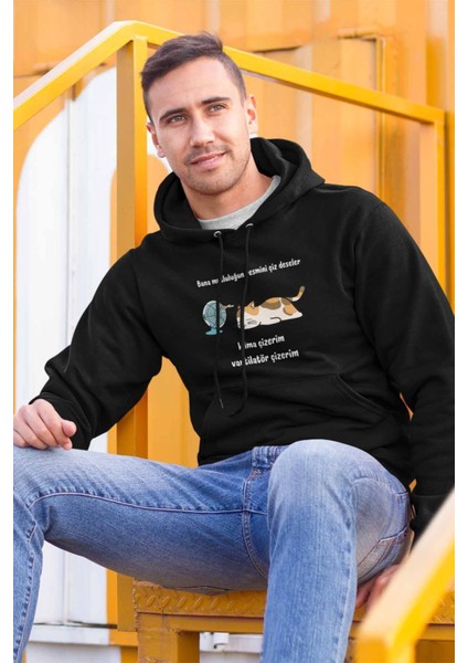 Mutluluğun Resmi-Kedi Baskılı Unisex 3 Iplik %100 Pamuklu Cepli Kapüşonlu Sweatshirt Hoodie