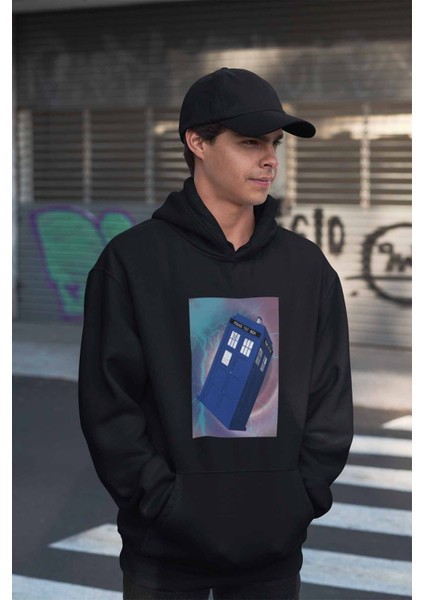 Doctor Who-Süzülen Tardis Baskılı Unisex 3 Iplik %100 Pamuklu Cepli Kapüşonlu Sweatshirt Hoodie