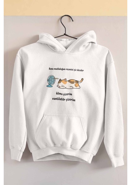 Mutluluğun Resmi-Kedi Baskılı Unisex 3 Iplik %100 Pamuklu Cepli Kapüşonlu Sweatshirt Hoodie
