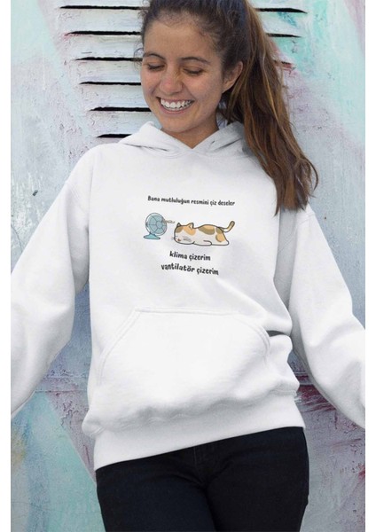 Mutluluğun Resmi-Kedi Baskılı Unisex 3 Iplik %100 Pamuklu Cepli Kapüşonlu Sweatshirt Hoodie