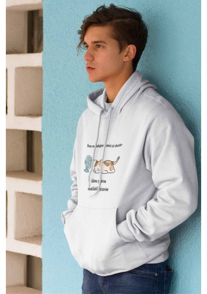 Mutluluğun Resmi-Kedi Baskılı Unisex 3 Iplik %100 Pamuklu Cepli Kapüşonlu Sweatshirt Hoodie