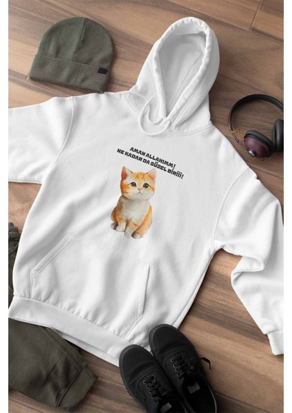 Ne Kadar Da Güzel Biri-Masum Kedi Baskılı Unisex %100 Pamuk Cepli Kapüşonlu Sweatshirt Hoodie