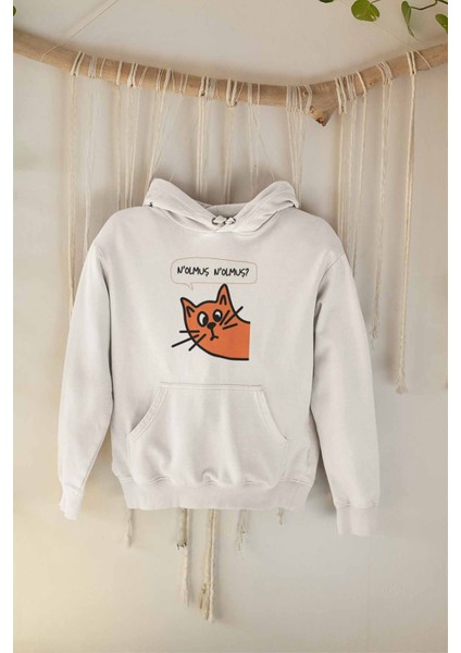 Nolmuş? Meraklı Kedi Baskılı Unisex 3 Iplik %100 Pamuklu Cepli Kapüşonlu Sweatshirt Hoodie