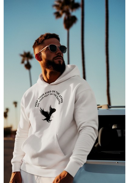 Keep Your Eyes On The Stars Motivasyon Baskılı Unisex %100 Pamuk Kapüşonlu Sweatshirt Hoodie
