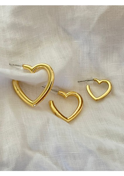 Kadın Gold 3'lü Kalp Set Küpe