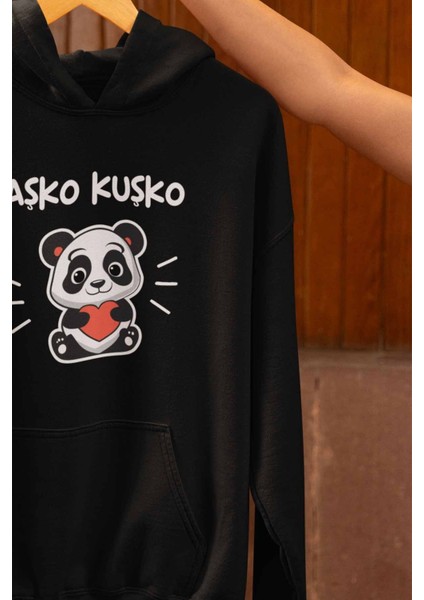 Aşko Kuşko Sevimli Panda Baskılı Unisex 3 Iplik %100 Pamuklu Cepli Kapüşonlu Sweatshirt Hoodie