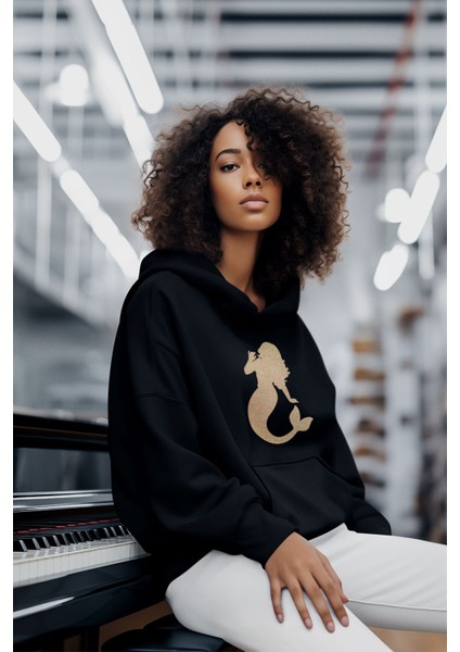 Deniz Kızı -Altın Siren Çağrısı- Baskılı Unisex Siyah 3 Iplik %100 Pamuk Kapüşonlu Sweatshirt Hoodie