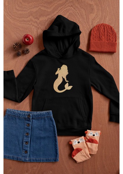 Deniz Kızı -Altın Siren Çağrısı- Baskılı Unisex Siyah 3 Iplik %100 Pamuk Kapüşonlu Sweatshirt Hoodie