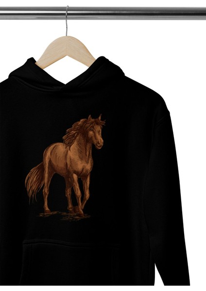 Özgür Ruhun Dansı -At- Baskılı Unisex Siyah 3 Iplik Şardonlu %100 Pamuk Kapüşonlu Sweatshirt Hoodie