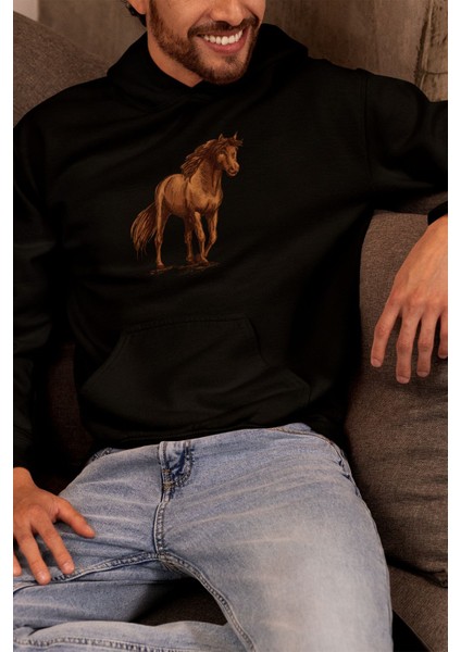 Özgür Ruhun Dansı -At- Baskılı Unisex Siyah 3 Iplik Şardonlu %100 Pamuk Kapüşonlu Sweatshirt Hoodie