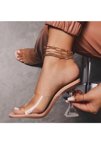 Kadın Nude Ten Bej 8cm Şeffaf Topuklu Küt Kare Burunlu Stiletto Ayakkabı Terlik