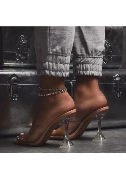 Kadın Nude Ten Bej 8cm Şeffaf Topuklu Küt Kare Burunlu Stiletto Ayakkabı Terlik fiyatları