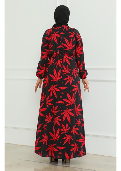 Desenli Kuşaklı Elbise 0477-03 Siyah Kırmızı fırsatları