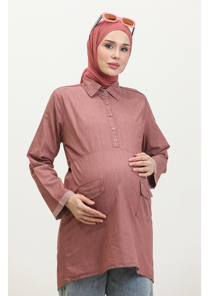 Tensel Kumaş Cepli Hamile Tunik 2700127-01 Gül Kurusu