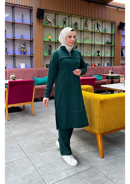 Iki Iplik Fermuarlı Eşofman Takım 3062-13 Zümrüt Yeşili