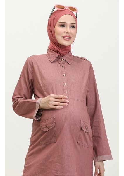 Tensel Kumaş Cepli Hamile Tunik 2700127-01 Gül Kurusu