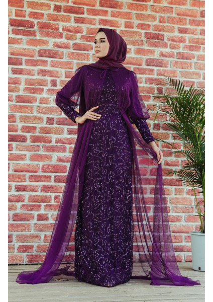 Payetli Abiye Elbise 5346-06 Mor