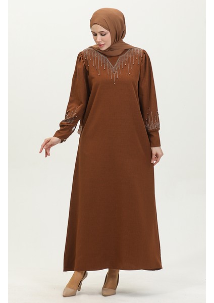 Taş Baskılı Elbise 0406-01 Kahverengi fiyatları