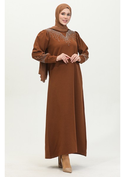 Taş Baskılı Elbise 0406-01 Kahverengi modelleri