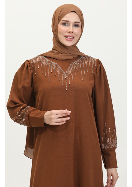 Taş Baskılı Elbise 0406-01 Kahverengi fırsatları