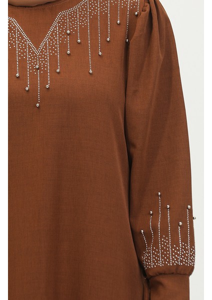 Taş Baskılı Elbise 0406-01 Kahverengi indirimleri