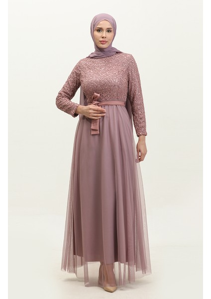 Dantelli Kuşaklı Abiye Elbise 5353A-15 Lila