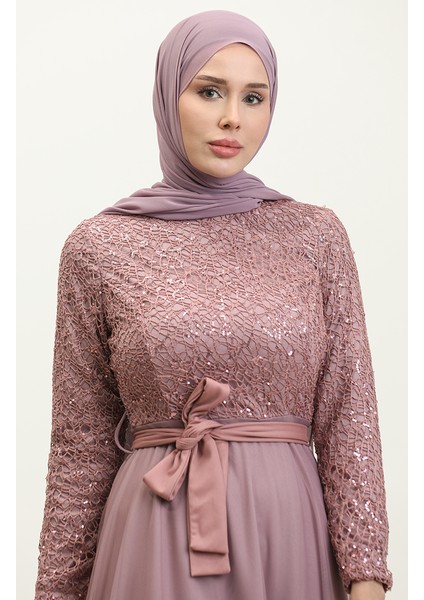 Dantelli Kuşaklı Abiye Elbise 5353A-15 Lila